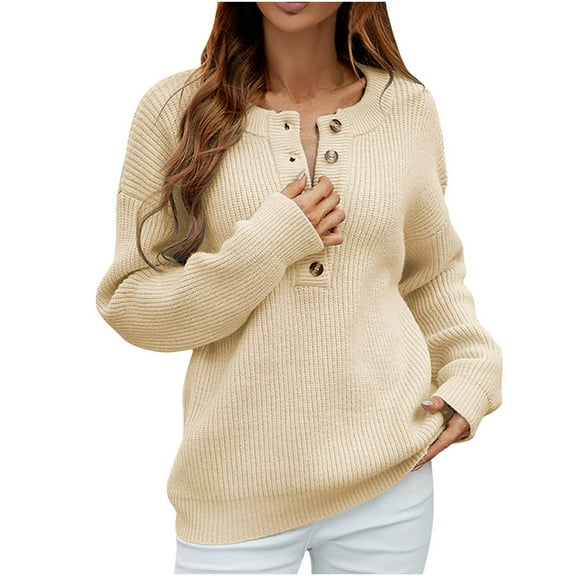 Hinvhai Plus Size Sweater Tops On Seasonal Ladies Autumn and Winter Loose Top Solid Color Long Sleeve Sweater Beige 4(S)