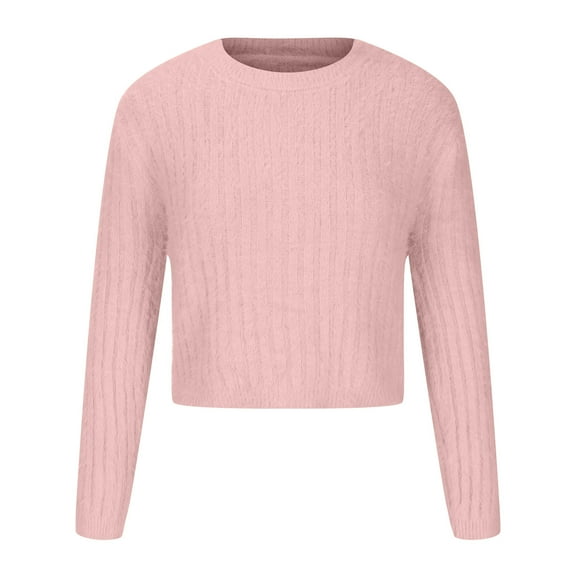 Hinvhai Plus Size Sweater Tops On Seasonal Clearance Women's Autumn and Winter Long Sleeve Solid Color Sweater Tops Blouse Pink 8(L)
