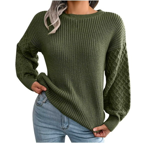 Hinvhai Plus Size Sweater Tops On Seasonal Clearance Women's Colorful Long Sleeve off Shoulder Knit Sweater Crew Neck Sweater Army Green 4(S)