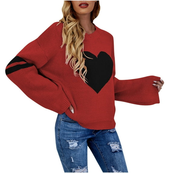 Hinvhai Plus Size Sweater Tops On Seasonal Clearance Women's Loose Pullover Love Long Sleeve Sweater Red 10(XL)