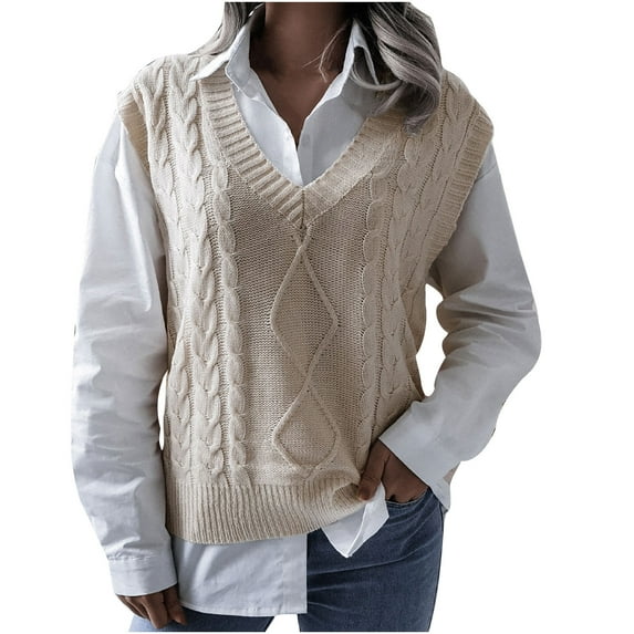 Hinvhai Plus Size Sweater Tops On Seasonal Clearance Women's V-Neck Hollow Knitted Vest Sweater Vest Beige 6(M)