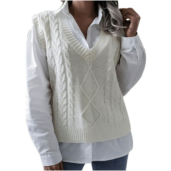 Hinvhai Plus Size Sweater Tops On Seasonal Clearance Women's V-Neck Hollow Knitted Vest Sweater Vest White 4(S)