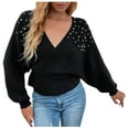 thumbnail image 1 of Hinvhai Plus Size Sweater Tops On Seasonal Clearance Women's V-Neck Winter Pearl Solid Long Sleeve Pullover Tops Sweaters Black 4(S), 1 of 7
