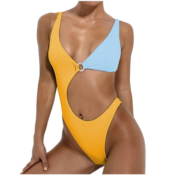 Hinvhai Plus size Swimsuits clearance Women One-Piece Swimwear Contrast Solid Color Swimsuit Bikini Swimming Beachwear Yellow 4(S)