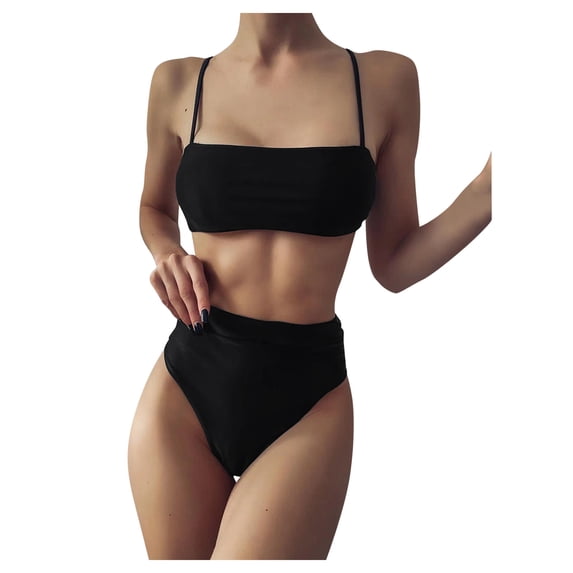 Hinvhai Plus size Swimsuits Women Solid Lace Bikini Set Push Up Swimsuit Beachwear Padded Swimwear Black S(S)