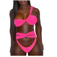 thumbnail image 1 of Plus size Swimsuits Women's Solid Color One Shoulder Split Two Piece Swimsuit Hot Pink 8(L), 1 of 9