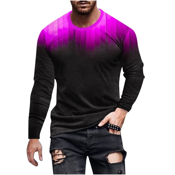 Hinvhai Print Men's T-Shirt Casual Round Neck Long Sleeve Pullover Fashion Lightweight Comfy Tees Tunic Tops Purple 4(S)
