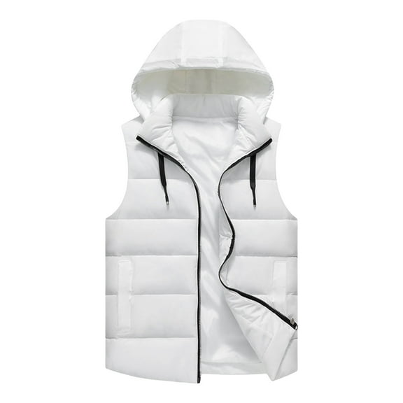 Hinvhai Puffer Vest with Hoodie Men Big and Tall Warm Vest Zip Up Sleeveless Jacket Lightweight Winter Vest with Pockets White XXXL(XXXL)