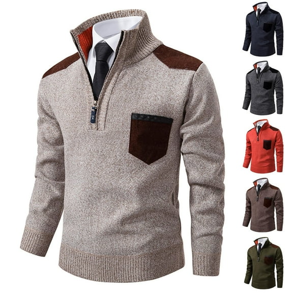 Hinvhai Quarter Zip Pullover Sweater Men Stand Collar Shirt Vintage Business Casual Fleece Long Sleeve Tops Knit Sweaters Red 10(XL)