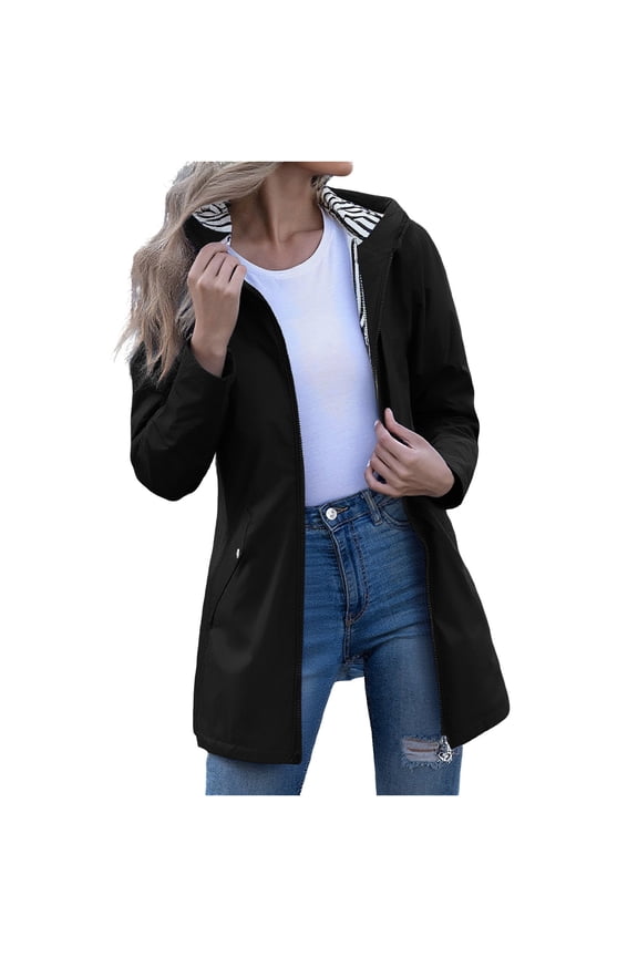 Rain Jacket Women Striped Lined Waterproof Lightweight Hooded Wind Proof Rain Trench Coats Long Windbreaker Raincoat Black XL(XL)