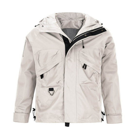 Hinvhai Rain Jacket for Men Mountain Waterproof Hooded Raincoat Outdoor Hiking Gear Full Zip Up Lightweight Windbreaker Beige 4(M)