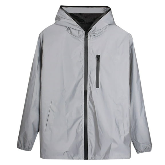 Hinvhai Reflective Coat Hooded Windbreaker Fashion Runing Pocket Jacket Gray XL(XL)