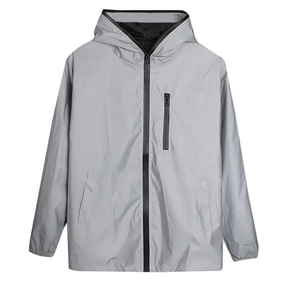 Hinvhai Reflective Coat Hooded Windbreaker Fashion Runing Pocket Jacket Gray XL(XL)