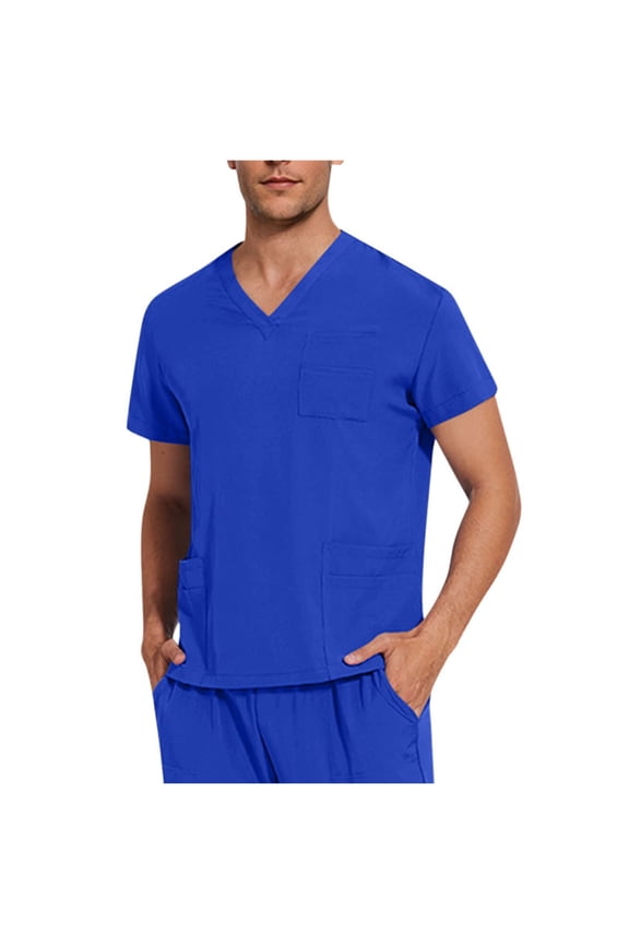 Scrubs for Men V Neck Stretch Short Sleeve Workwear Nursing Uniform with Pocket Plus Size Utility Medical Scrub Tops Blue XL(XL)