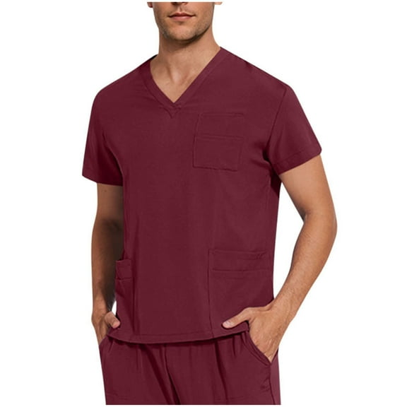 Hinvhai Scrubs for Men V Neck Stretch Short Sleeve Workwear Nursing Uniform with Pocket Plus Size Utility Medical Scrub Tops Wine XL(XL)