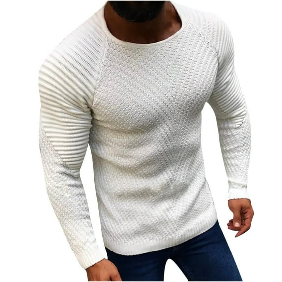 Hinvhai Seasonal Clearance Men Solid Pullover Long Sleeve Slim-type Sports Sweater White 10(XL)