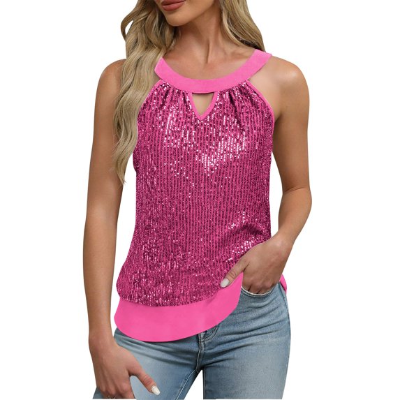 Hinvhai Sequin Halter Tops for Women Sleeveless Sparkly Shiny Tank Tops Flowy Sparkly Club Outfits Party Shirt Hot Pink S(S)