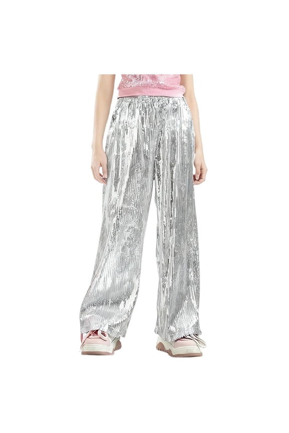 Sequins Straight Shiny High Waist Wide Leg Pants Girl's Party Dress Pants Silver 5-6 Years