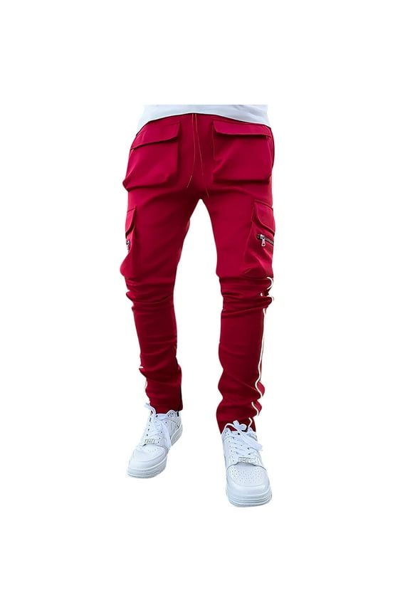 Slim Fit Cargo Pants for Men Multi-Pocket Reflective Straight-Leg Solid Casual Overalls Trousers Stylish Daily Wear Red 12(XXL)