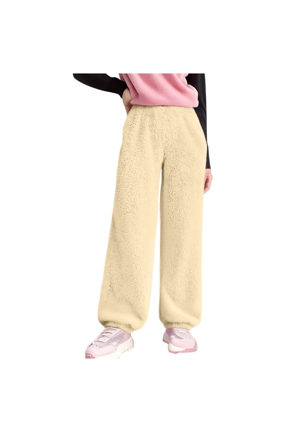 Slim Tunics Pants for Kids Girl Boy Fall Winter Track Gym thermal Fuzzy Basic Long Cuff Leg Pants Kid Beige 12 Years