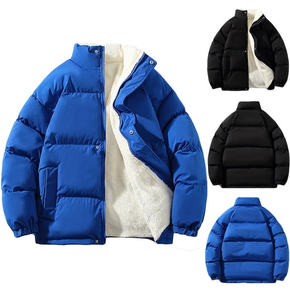 Hinvhai Stand Collar Thick Cotton Jacket for Men Solid Corduroy Long Sleeve Warm Loose Casual Coats Blue 8(XL)