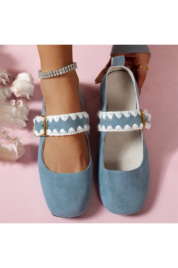 Suede Ballet Mary Jane Flats for Women, Rhinestone Buckle Strap Square Toe Women's Flat Shoes Blue 6(37)