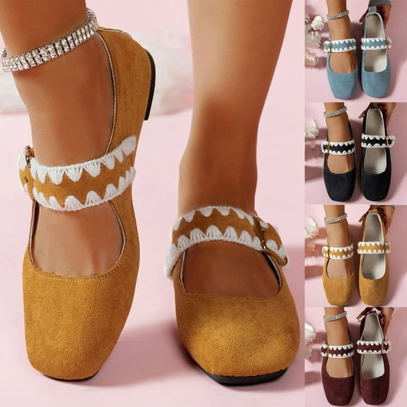 Hinvhai Suede Ballet Mary Jane Flats for Women, Rhinestone Buckle Strap Square Toe Women's Flat Shoes Yellow 9(42)