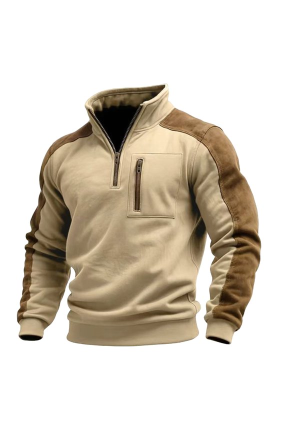 Suede Sweatshirt Mens Western Long Sleeve Quarter Zip Pullover Color Block Stand Collar Shirts with Elbow Patches Khaki M(M)