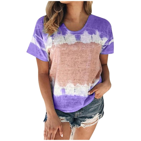 Hinvhai Summer Women's Plus Size Tops Women's Loose Blouse Tiy-dye Printing T-Shirt Shirts Print Tee Blouse On Clearance Purple 18(XXXXXL)