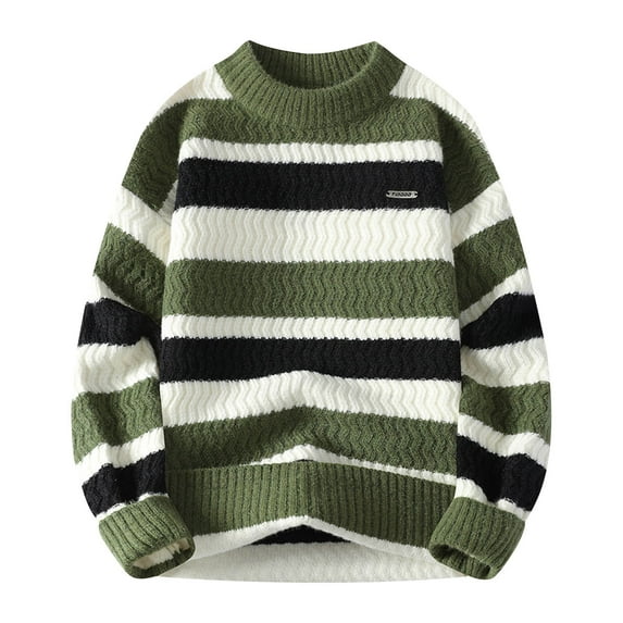 Hinvhai Sweaters for Men Vintage Fall Grandpa Striped Sweater Knit Oversized Crew Neck Long Sleeve Pullover Sweater Green XXL