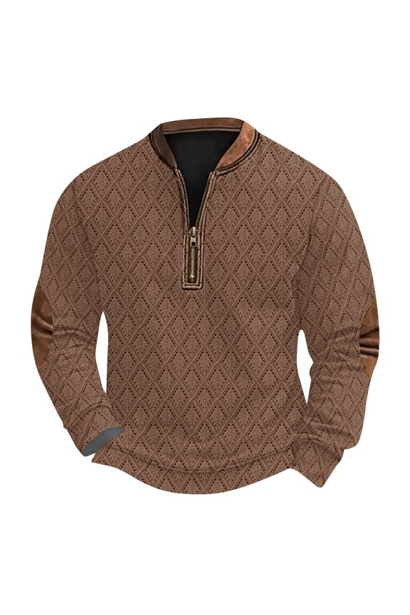 Sweatshirts for Men Quarter Zip Pullover Sweatshirt Vintage Knit Print Graphic Shirt Fashion Trendy Coat with Elbow Patch Khaki 4(S)