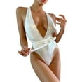 thumbnail image 1 of Hinvhai Swimsuits for Women,Womens Bikini Open Back V-neck Tie One-piece Swimsuit White 6(M), 1 of 7