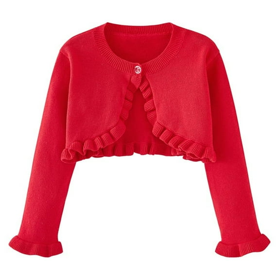 Hinvhai Toddler Baby Girl Sweater Crop Top Knit Cardigan Long Sleeve Ruffled One Button Cute Outwear Kids Fall Shrug Cover Up Red 3 Years