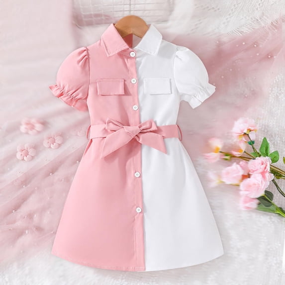 Hinvhai Toddler Baby Girls Lapel Dress Clearance,Fashion Color Matching Short Sleeve Dress Button Down Casual Dresses for Kids Girls Pink 6 Years