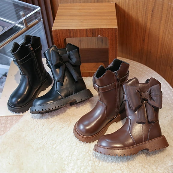 Hinvhai Toddler Girls Mid Calf Boots Side Zipper Riding Shoes Fashion Bowknot Dress Boots for Toddler/Big Kid Brown 2.5(37)