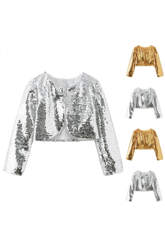 Toddler Girls Shiny Sequins Jacket,Fashion Performance Outfit Shrug Cape One Button Long Sleeved Cardigan Sweater Jacket Silver 8 Years
