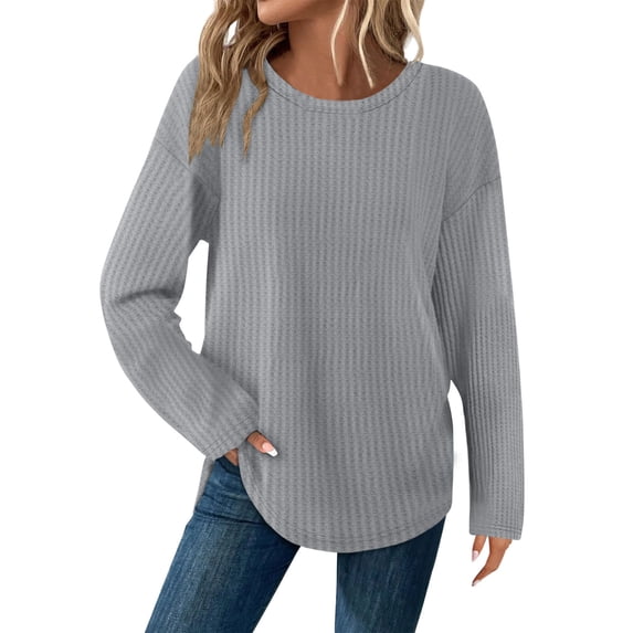 Hinvhai Tunic Tops for Women Loose Fit Dressy Waffle Long Sleeve Shirts Trendy Fall Crewneck Sweatshirt Curved Hem Gray M(M)