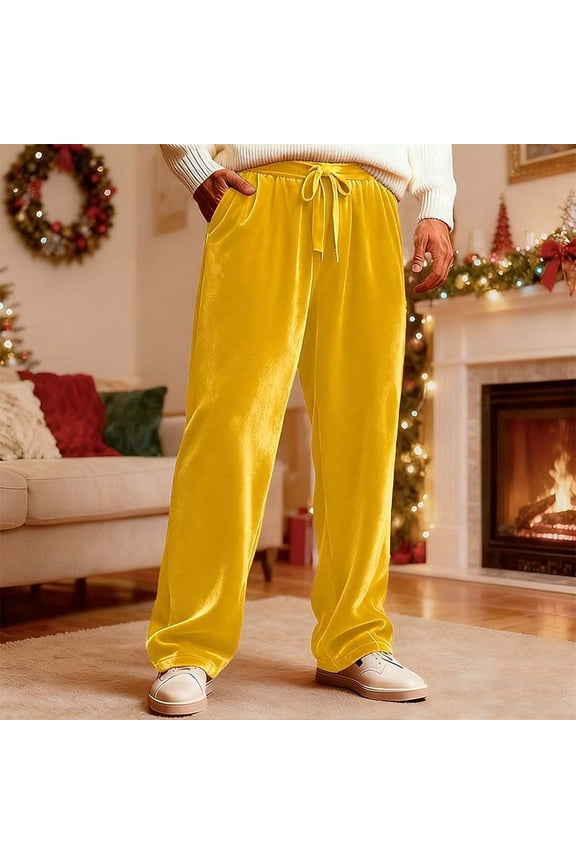 Velvet Pants for Men Wide Leg Dressy Velour Work Pants with Pockets Elastic Waist Drawstring Loose Fit Sweatpants Yellow