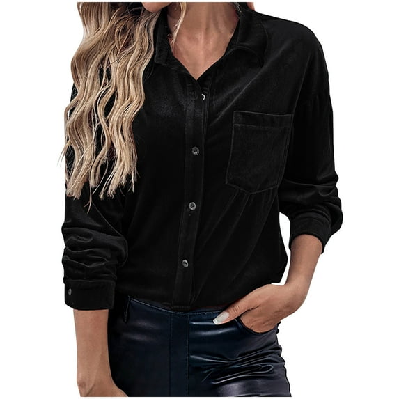 Hinvhai Velvet Shirts for Women Long Sleeve Button Down Shirt Vintage Tops Lapel Blouse Fall Winter Tee with Pocket Black XL(XL)