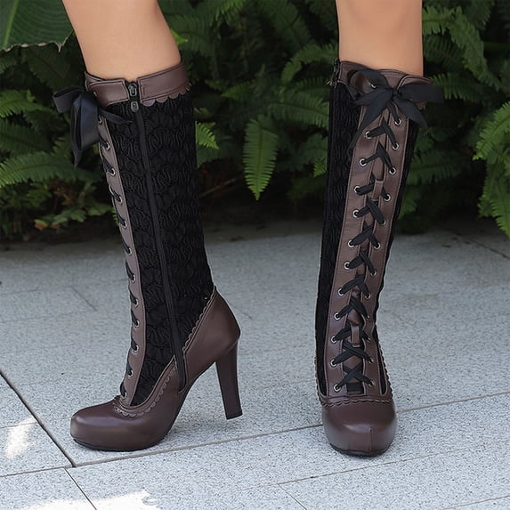 Hinvhai Vintage Boots for Women Kitten Heel Knee High Boots Lace Up Shoes Square Toe Tall Boots Brown 6.5(38)