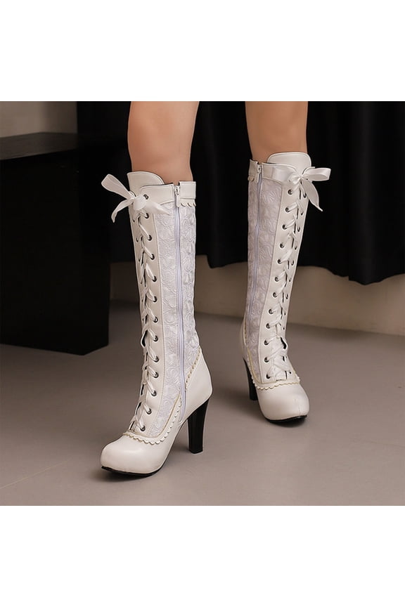 Vintage Boots for Women Kitten Heel Knee High Boots Lace Up Shoes Square Toe Tall Boots White 5.5(36)