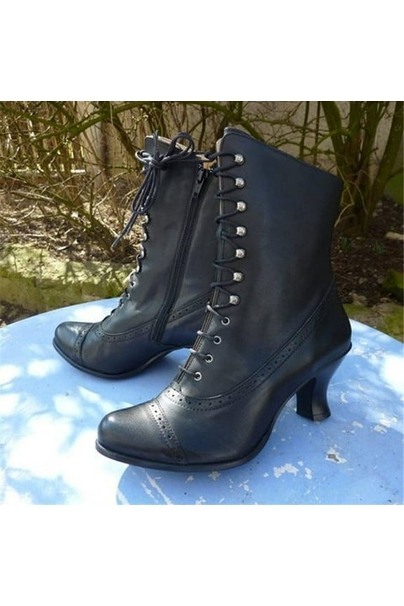 Vintage Fashion Boots for Women Clearance,Classic Ankle Boots Low Heel Lace Up Round Toe Solid Color Booties with Zipper Black 9.5(43)