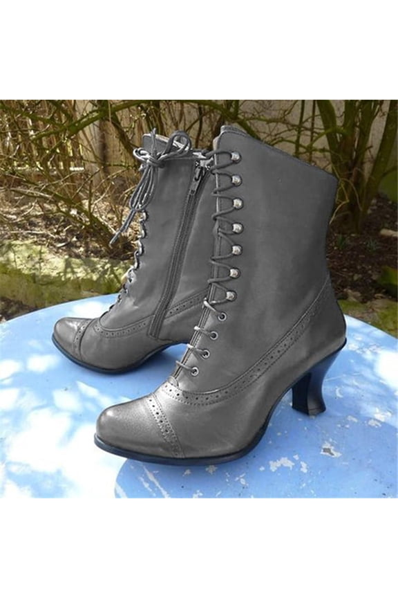 Vintage Fashion Boots for Women Clearance,Classic Ankle Boots Low Heel Lace Up Round Toe Solid Color Booties with Zipper Gray 7(39)