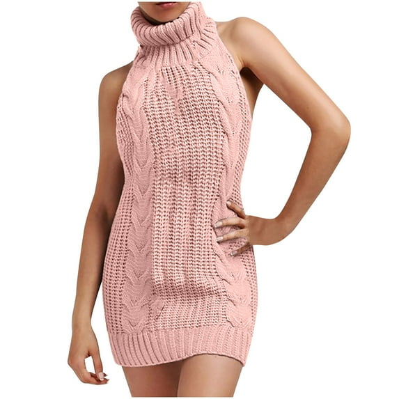 Hinvhai Virgin-Killer Backless Long Tie Open Turtleneck Sleeveless Sweaters On Clearance Pink XL(XL)