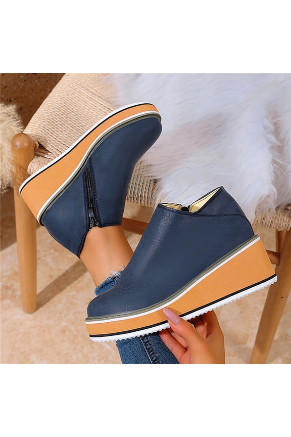 Wedge Ankle Boots for Women Platform Vintage Closed Toe Side Zipper High Heel Booties Solid Color Comfortable Ladies Shoes Blue 9.5(43)