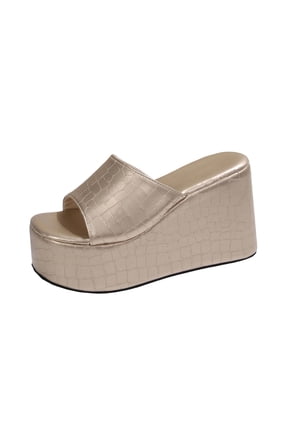 Wedge Chunky Platform Womens Sandals Backless Slip on Comfy Round Open Toe Mules Summer Sandals for Women Gold 5.5(36)