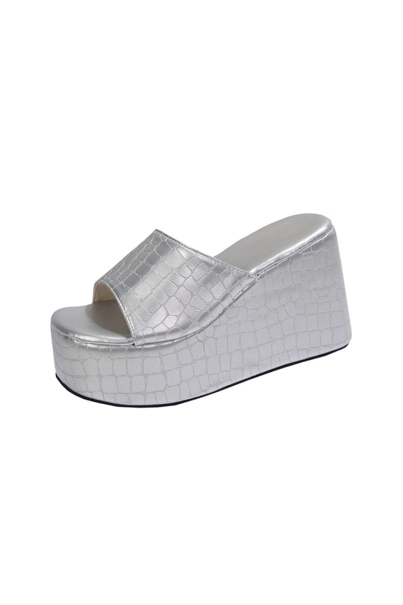 Wedge Chunky Platform Womens Sandals Backless Slip on Comfy Round Open Toe Mules Summer Sandals for Women Silver 6(37)