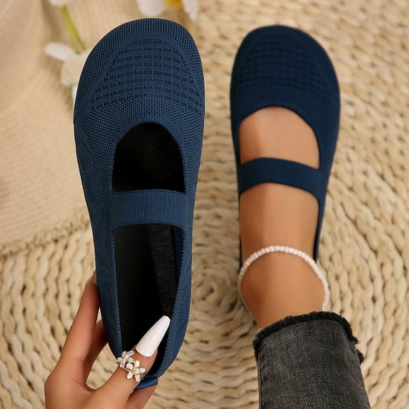 Hinvhai Wide Toe Flat Shoes Women Mary Jane Flat Shoes Comofortable Ballet Flat with Straps Slip on Washable Knit Casual Flats Blue 7(39)