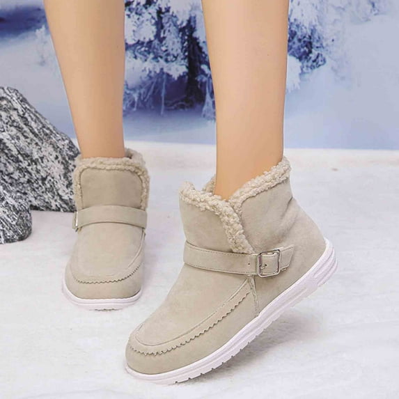 Hinvhai Winter Classic Warm Ankle Snow Booties with Fur Lining for Women, Casual Fashion Waterproof Lightweight Anti Slip Ankle Snow Boots Beige 6.5(38)