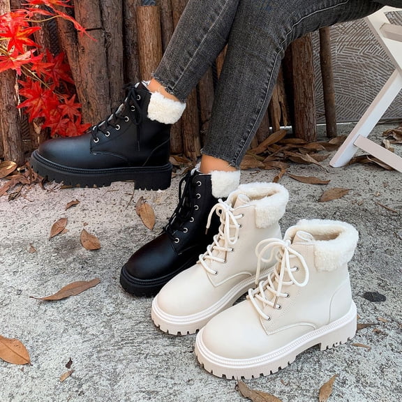 Hinvhai Winter Warm Fleece Ankle Boots for Women Lace Up Anti-slip Round Toe Low Heel Booties White 9(42)